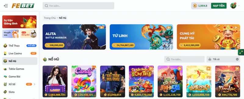 Đa dạng game nổ hũ trên FEBET